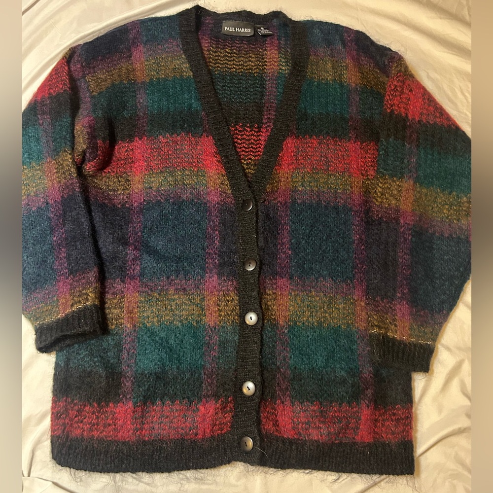 Paul Harris Design Womens Mohair Blend Plaid Cardigan Sweater M Preppy Academia